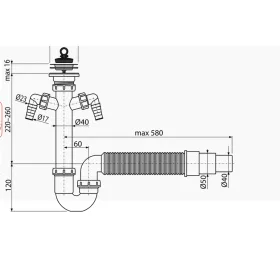   ALCA mosogató csőszifon leeresztő ráccsal DN70 és két csatlakozóval, flexibilis csővel (A840-DN50/40)