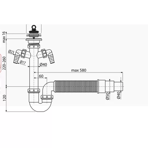 ALCA mosogató csőszifon leeresztő ráccsal DN70 és két csatlakozóval, flexibilis csővel (A840-DN50/40)