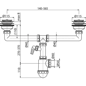   AlcaDrain Szifon kétmedencés mosogatóhoz, rozsdamentes leeresztővel A453P