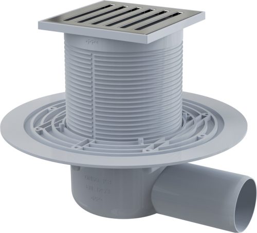 ALCA Padlóösszefolyó 105x105/50 mm vízszintes csatlakozás 50mm, rozsdamentes rács, vizes bűzzár (APV103)