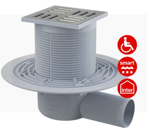 ALCA padlóösszefolyó 105x105/50 mm, vízszintes csatlakozó 50mm, rozsdamentes rács, Smart bűzzár (APV1321)
