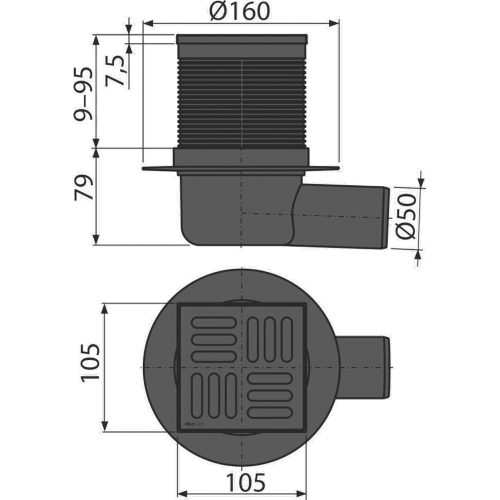 ALCA padlóösszefolyó 105x105/50 mm, vízszintes csatlakozás 50mm, rozsdamentes rács FEKETE-matt, Smart bűzzár (APV31BLACK)