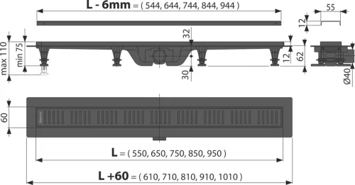 AlcaPlast APZ10 BLACK 650 mm Zuhanyfolyóka peremmel perforált rácsokhoz, fekete-matt