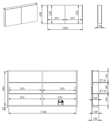 AREZZO design Tükrös szekrény MEDIUM 120,2 ajtó + TECHNOBOX