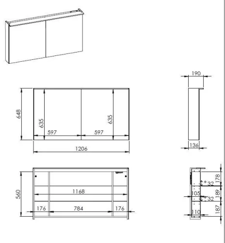 AREZZO design Tükrös szekrény PREMIUM 120,2 ajtó + TECHNOBOX+LED LÁMPA PANEL