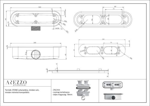 AREZZO design STONE pala hatású öntött márvány zuhanytálca, 90x90 cm-es, antracit