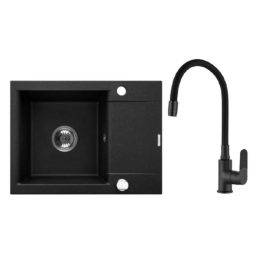   Invena TESALIA gránit mosogató, 1 medencés, rövid csepptálcás, JOGA PLUS csapteleppel, fekete