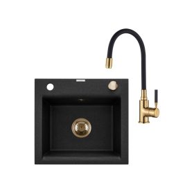   Invena TESALIA gránit mosogató, 1 medencés, csepptálca nélküli, GLAMOUR csapteleppel, fekete-arany