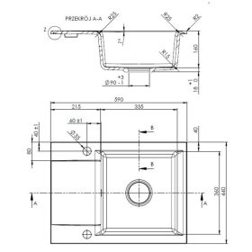   Invena TESALIA gránit mosogató, 1 medencés, rövid csepptálcás, fekete-arany, PVD/Waterplating