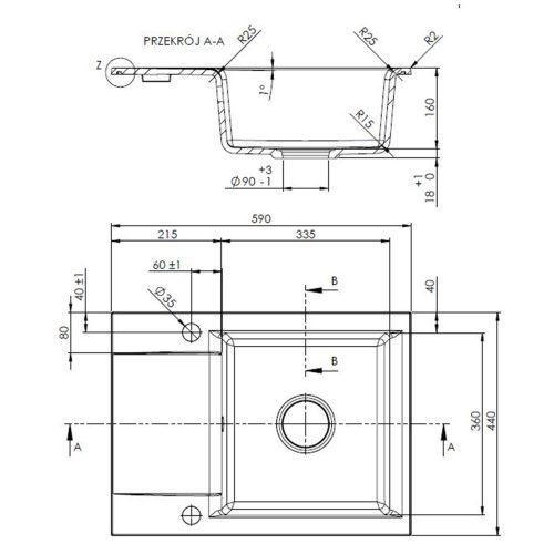 Invena TESALIA gránit mosogató, 1 medencés, rövid csepptálcás, fekete-arany, PVD/Waterplating