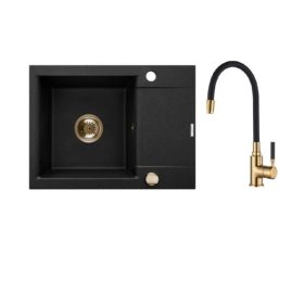   Invena TESALIA gránit mosogató, 1 medencés, rövid csepptálcás, GLAMOUR csapteleppel, fekete-arany
