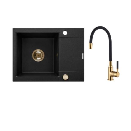 Invena TESALIA gránit mosogató, 1 medencés, rövid csepptálcás, GLAMOUR csapteleppel, fekete-arany