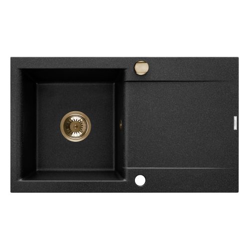 Invena TESALIA gránit mosogató, 1 medencés, hosszú csepptálcás, fekete-arany, PVD/Waterplating