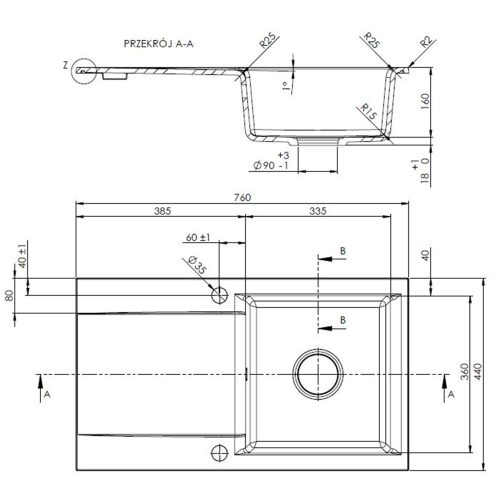 Invena TESALIA gránit mosogató, 1 medencés, hosszú csepptálcás, fekete-arany, PVD/Waterplating