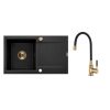 Invena TESALIA gránit mosogató, 1 medencés, hosszú csepptálcás, GLAMOUR csapteleppel, fekete-arany