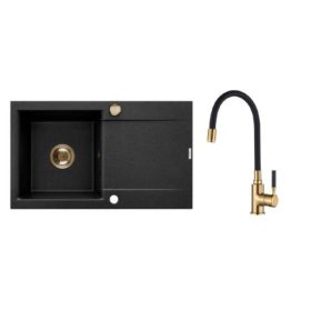   Invena TESALIA gránit mosogató, 1 medencés, hosszú csepptálcás, GLAMOUR csapteleppel, fekete-arany