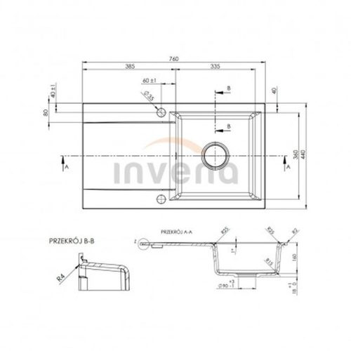 Invena TESALIA gránit mosogató, 1 medencés, hosszú csepptálcás, GLAMOUR csapteleppel, fekete-arany