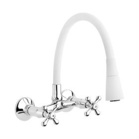   Invena ROMA Konyhai csaptelep, fali, - flexi kifolyóval, 2 funkciós zuhanyfej, fehér-króm