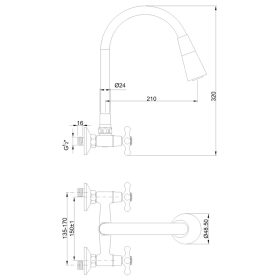   Invena ROMA Konyhai csaptelep, fali, - flexi kifolyóval, 2 funkciós zuhanyfej, fehér-króm