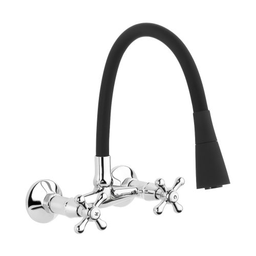 Invena ROMA Konyhai csaptelep, fali, - flexi kifolyóval, 2 funkciós zuhanyfej, fekete-króm