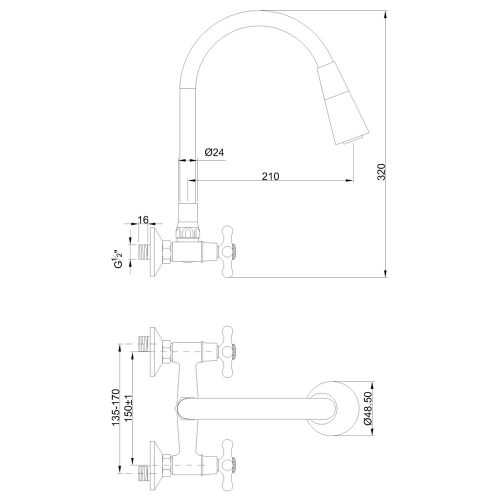 Invena ROMA Konyhai csaptelep, fali, - flexi kifolyóval, 2 funkciós zuhanyfej, szürke-króm