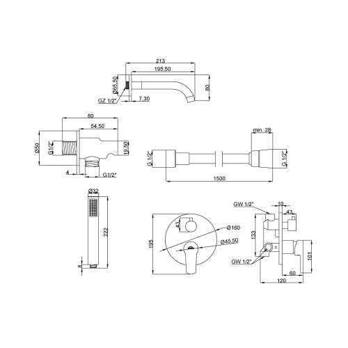 Invena DAFNI 2 funkciós kádcsaptelep, falsík alá építhető, kézi zuhannyal, króm