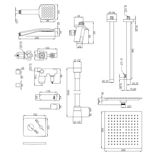 Invena SIROS SQUARE kétfunkciós falsík alatti zuhanyrendszer szett szögletes kézi zuhannyal, FEKETE