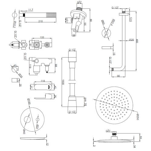 Invena SIROS kétfunkciós falsík alatti zuhanyrendszer szett henger alakú kézi zuhannyal, FEKETE