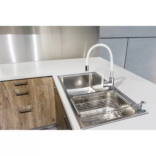 Invena JOGA konyhai csaptelep, álló, flexibilis kifolyócsővel, fehér-króm