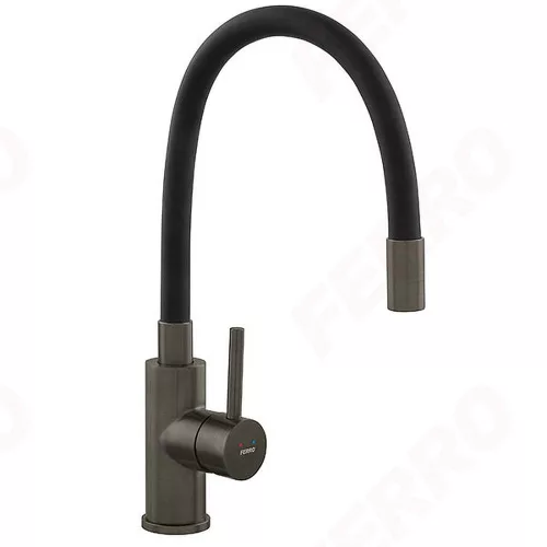 Ferro ZUMBA inox konyhai csaptelep, acél test, fekete kifolyó, gun metal