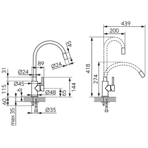 Ferro ZUMBA inox konyhai csaptelep, acél test, fekete kifolyó, gun metal