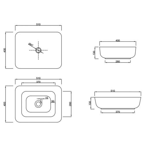 Invena ATE mosdókagyló, négyszögletű, asztali, 51 cm, fehér