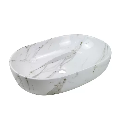 Invena KORFU mosdókagyló, ovális, asztali, 60 cm, márvány hatású, fényes, fehér