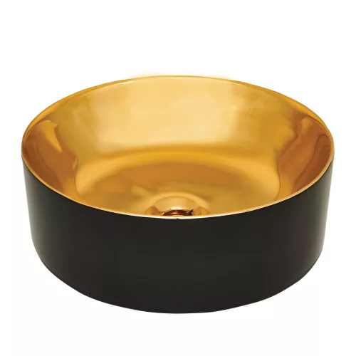 Invena KOS mosdókagyló, kerek, asztali, átmérő 42 cm, fényes, fekete-arany, PVD/Waterplating