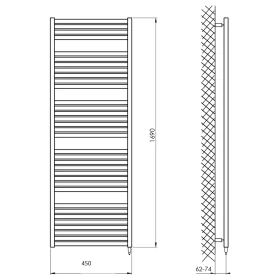   Sapho/Aqualine TONDI-E elektromos fürdőszobai radiátor fűtőpatronnal egyenes 450x1690mm 600W matt fekete