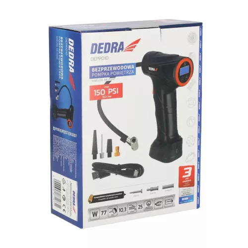 Dedra Kerékpumpa 1500mAh 12V 77W, 3 szelepadapter, max. 10,3 BAR