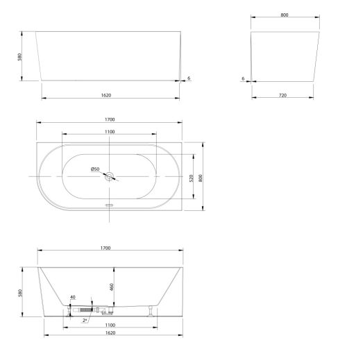 Sapho-Aqualine TIBERA R szabadon álló fürdőkád 170x80/58cm Jobbos