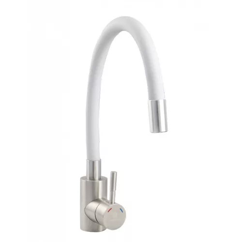 Ermetiq Álló mosogató csaptelep INOX, FEHÉR flexibilis kifolyócsővel