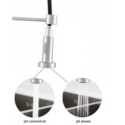 Ermetiq Álló mosogató csaptelep INOX flexibilis kifolyócsővel, kétfunkciós zuhanyfejjel