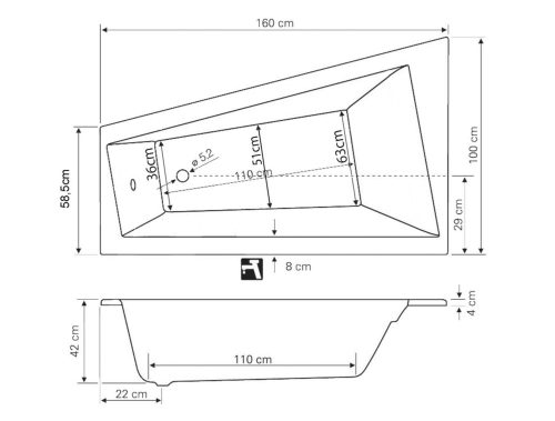 Aqualine-Sapho METUJE kád, láb nélkül, balos, 160x100x47cm, akril (G2610)