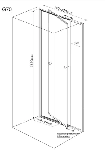 Aqualine-Sapho AMICO nyílóajtó fix résszel, 740-820x1850mm, fehér profil,       transzparent üveg 5mm (G70)