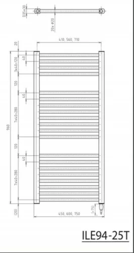 Sapho/Aqualine DIRECT-E elektromos fürdőszobai radiátor fűtőpatronnal egyenes 450x960mm 300W fehér