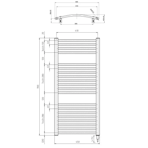 Sapho/Aqualine ORBIT-E elektromos fürdőszobai radiátor fűtőpatronnal íves 450x960mm 300W fehér