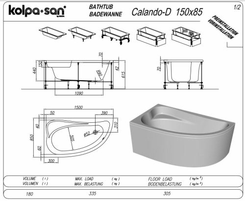 Kolpa Calando aszimmetrikus sarokkád 150x85 cm Jobbos