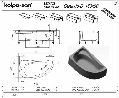 Kolpa Calando aszimmetrikus sarokkád 160x90 cm Jobbos 570760