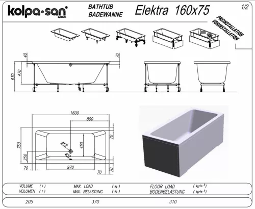 Kolpa Elektra egyenes fürdőkád 160x75 cm beépített 740700