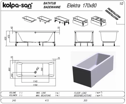 Kolpa Elektra egyenes fürdőkád 170x80 cm beépített 740660