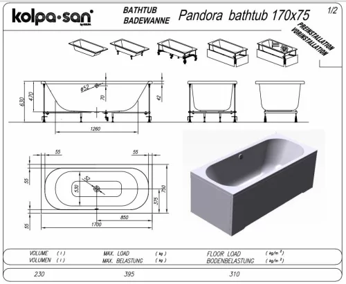 Kolpa Pandora egyenes fürdőkád 170x75 cm beépített 593110
