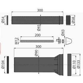 ALCA Komplett bekötő készlet fali WC-hez, 300mm (M9000)