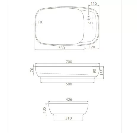 CeraStyle NEW NOVA PULTRA ültethető Top Counter mosdó rejtett leeresztővel 70x42cm